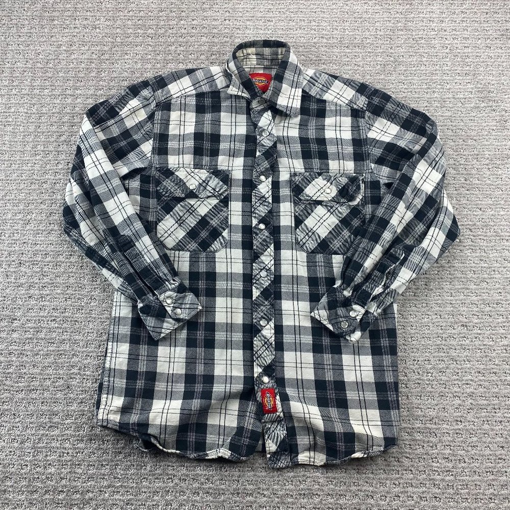 Dickies Shirt Men Small S Black White Plaid Button Up Long Sleeve Pearl Snap